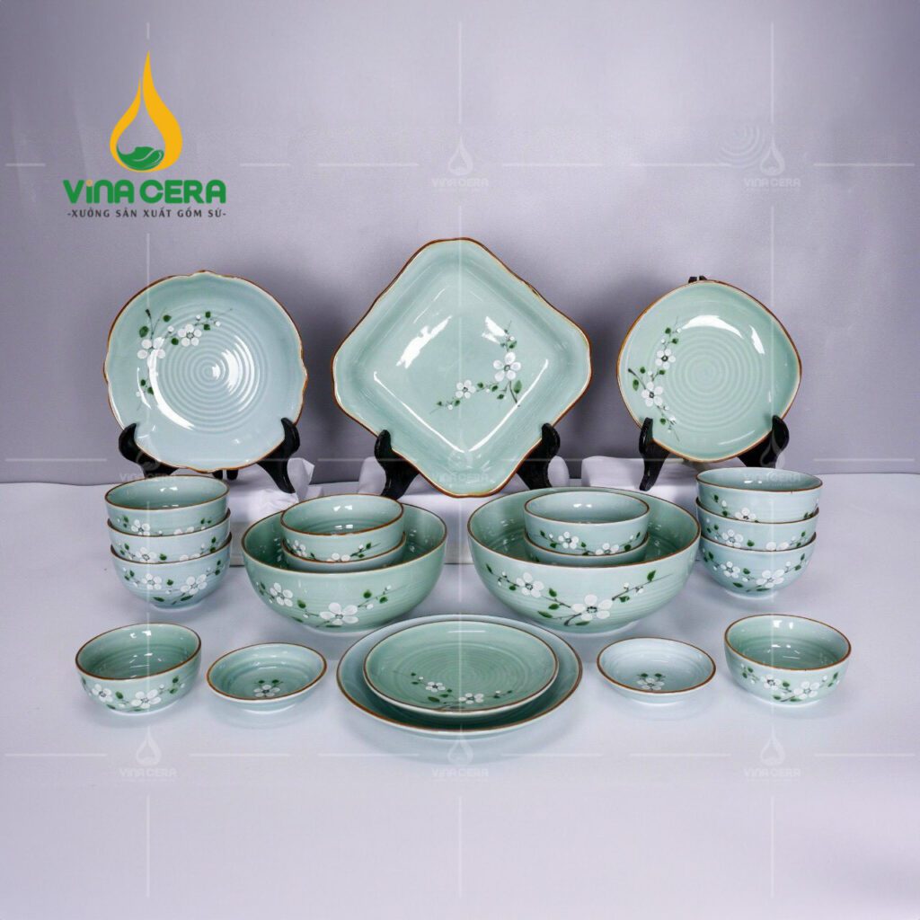 Chén Đĩa Sứ Men Ngọc Vẽ Hoa Đào - SVN BBA 02042403 bo ban an su men mau 21 sp