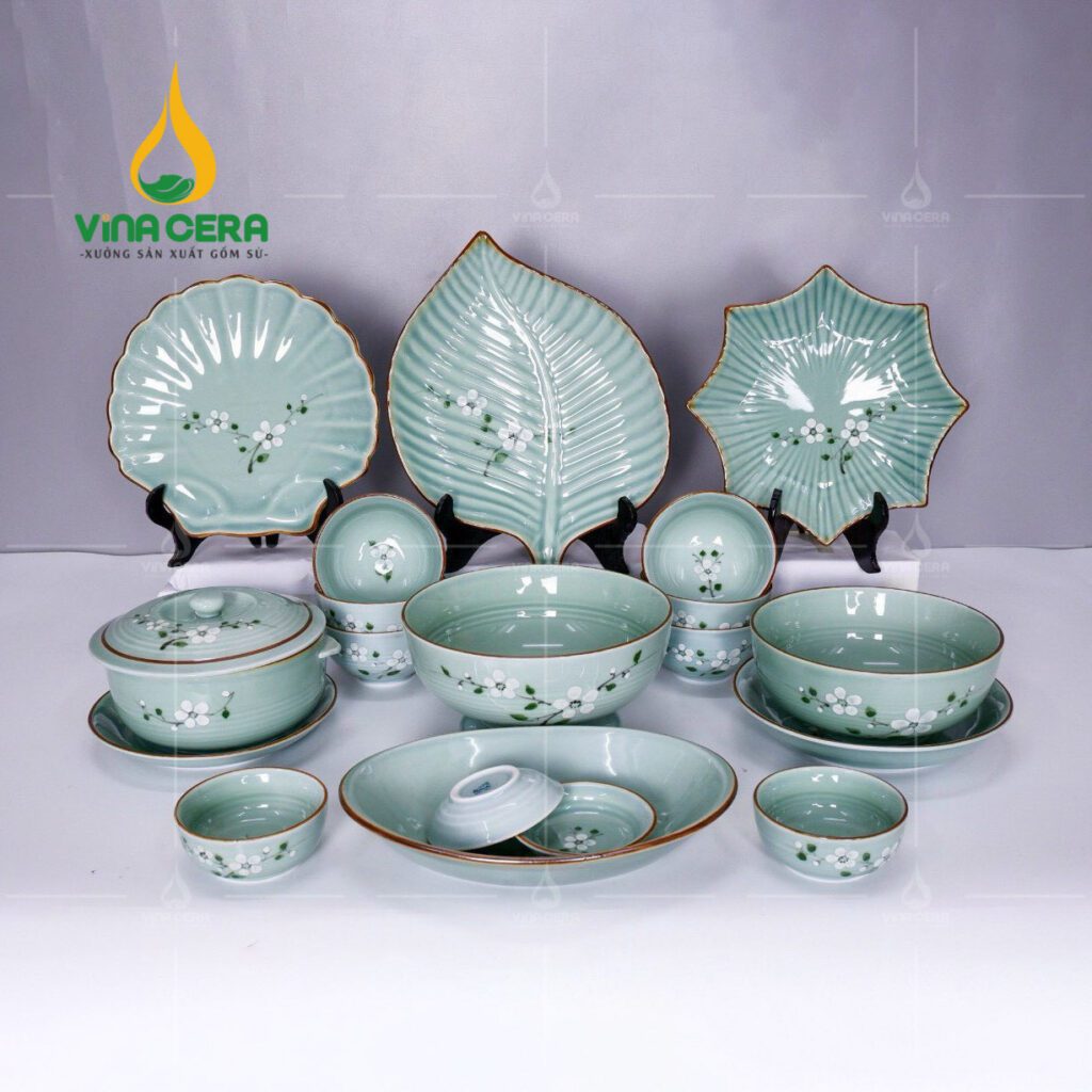 Chén Đĩa Sứ Men Ngọc Vẽ Hoa Đào - SVN BBA 02042403 bo ban an su men mau 31