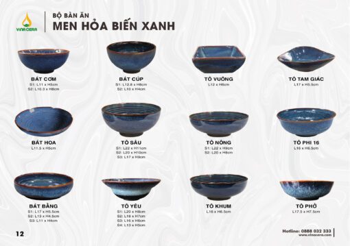 Bộ Chén Đĩa Men Hỏa Biến Xanh