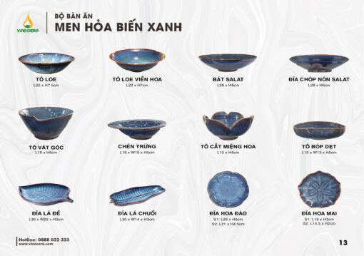 Bộ Chén Đĩa Men Hỏa Biến Xanh