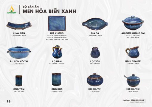 Bộ Chén Đĩa Men Hỏa Biến Xanh