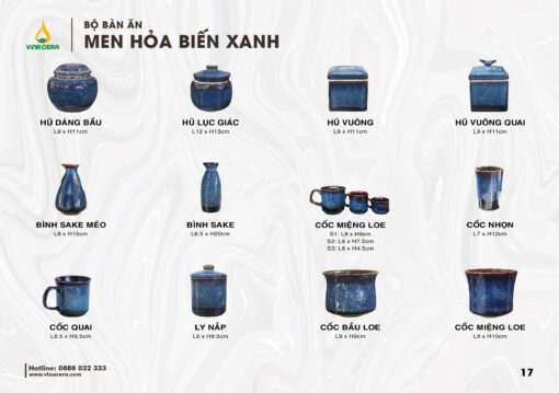 Bộ Chén Đĩa Men Hỏa Biến Xanh