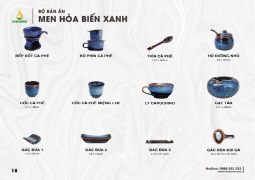 Bộ Chén Đĩa Men Hỏa Biến Xanh