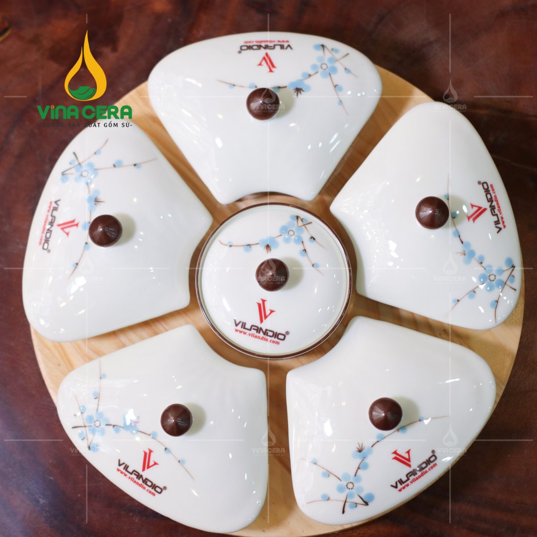 Khay Mứt Tết Sứ Trắng 5 Cánh Vẽ Hoa Đào