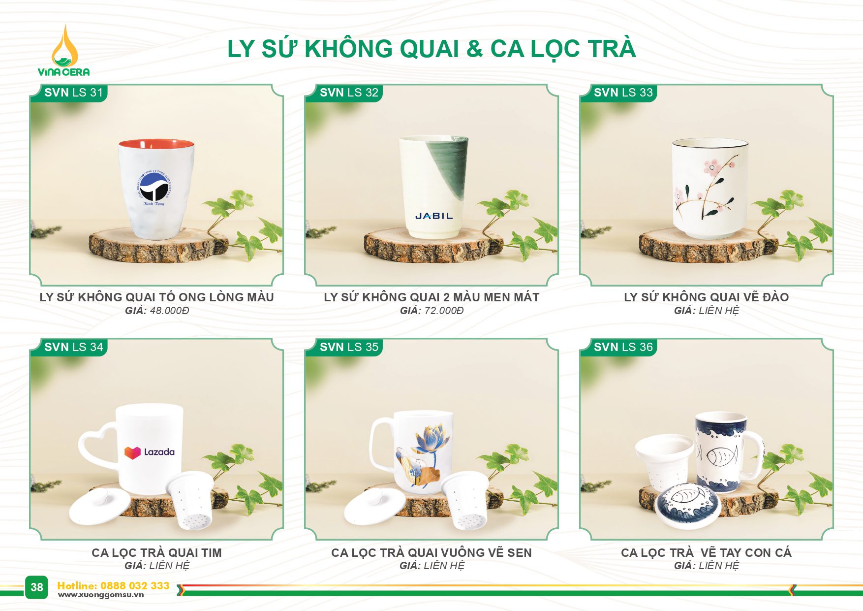 Catalog và Báo giá Ly sứ không quai và ca lọc trà