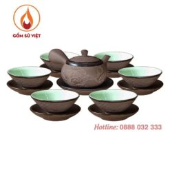 Bộ trà Quai Ngang Khắc Sen Cao Cấp Bát Tràng