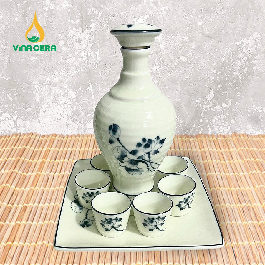 Bình Rượu Sứ Trắng Sen Xanh BR0-652324 Bình Rượu Sứ Trắng Sen Xanh BR0-652324