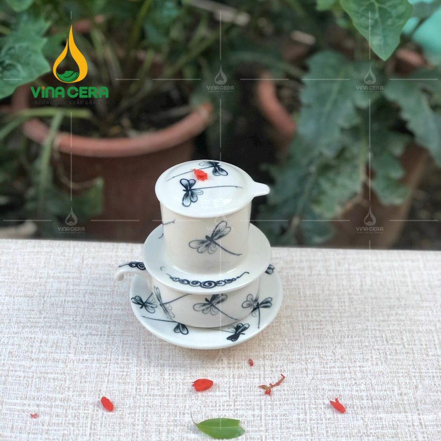 Bộ phin pha cà phê gốm Bát Tràng Hoa Văn