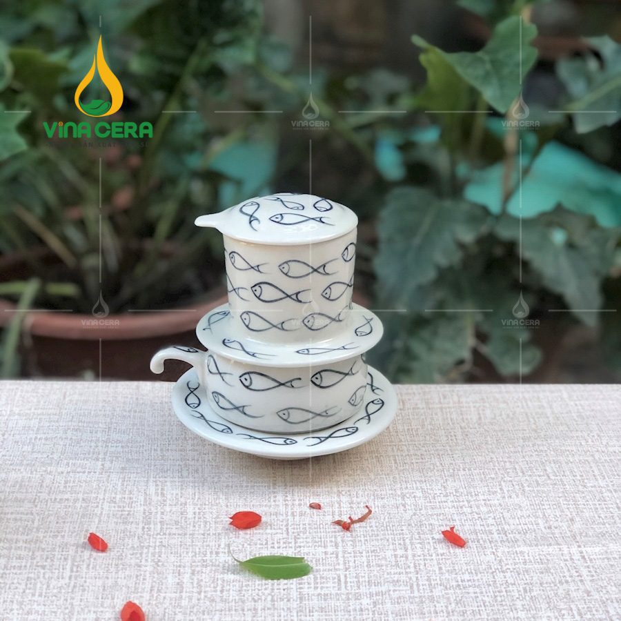 Bộ phin pha cà phê gốm Bát Tràng Hoa Văn
