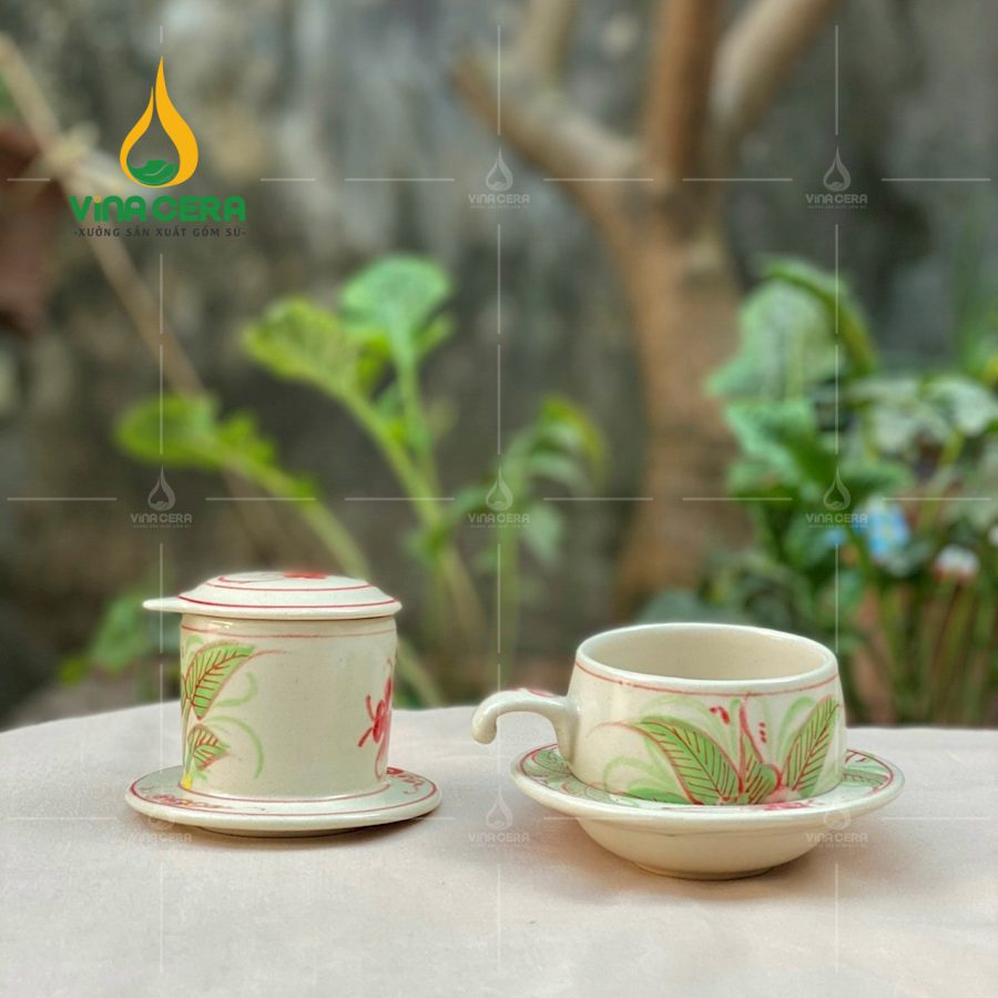 Bộ phin pha cà phê gốm Bát Tràng Hoa Văn