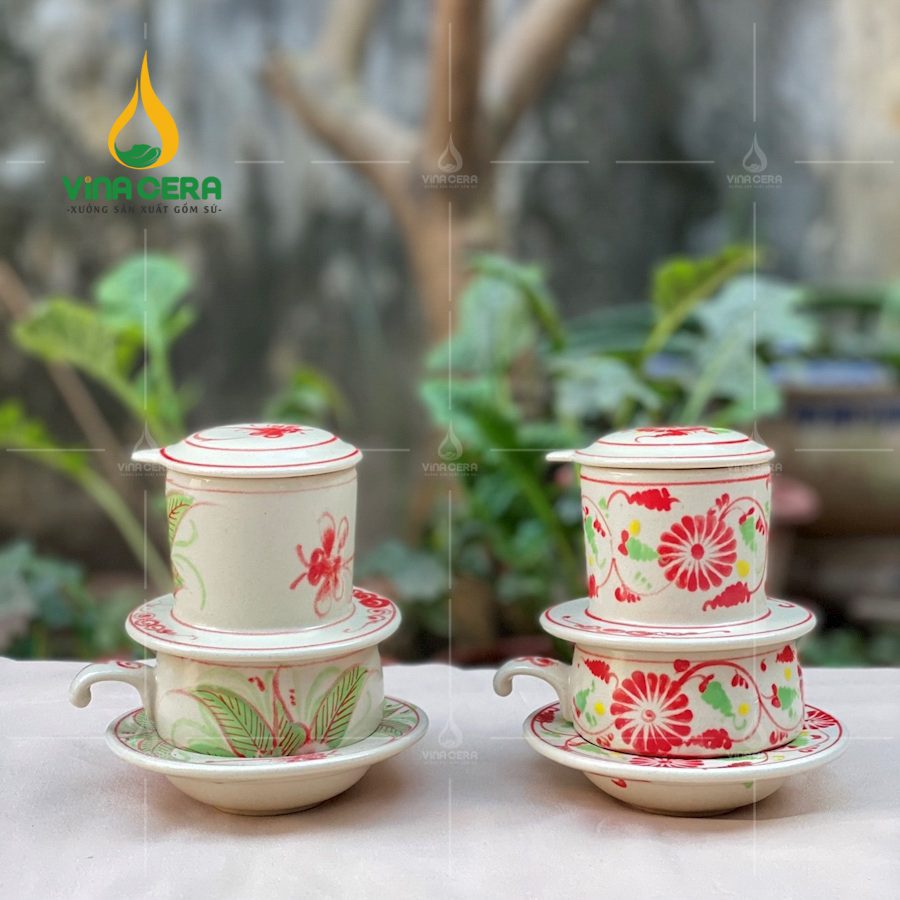 Bộ phin pha cà phê gốm Bát Tràng Hoa Văn