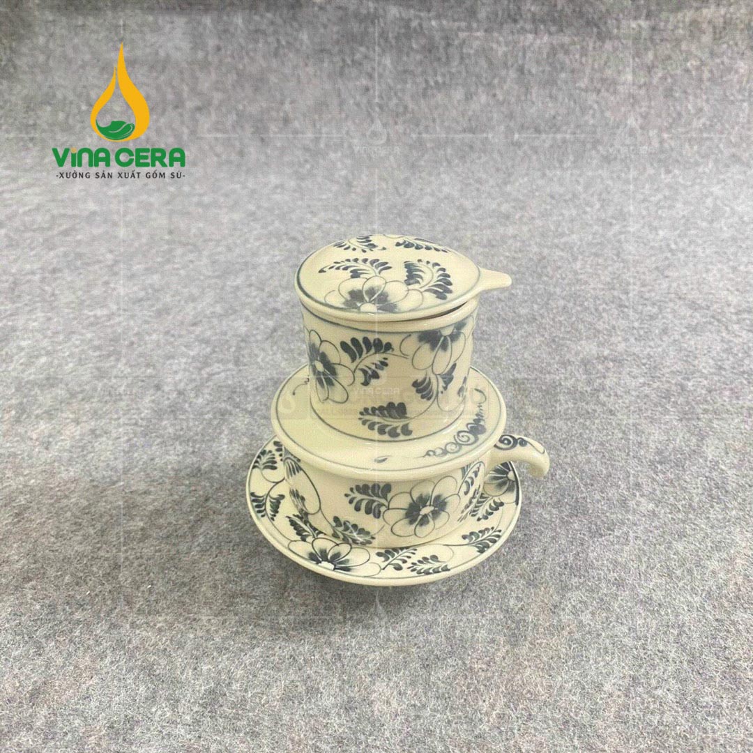Bộ phin pha cà phê gốm Bát Tràng Hoa Văn