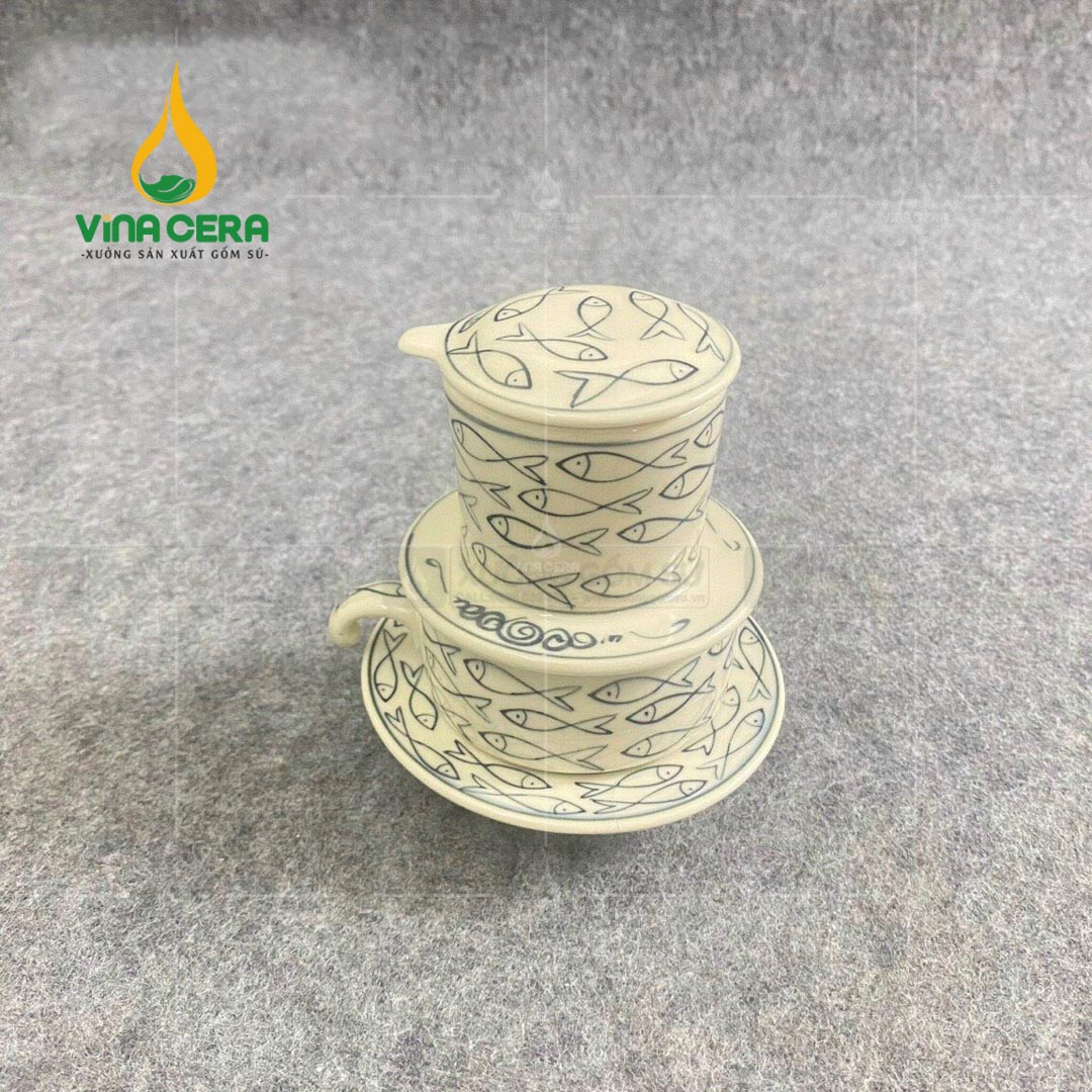 Bộ phin pha cà phê gốm Bát Tràng Hoa Văn