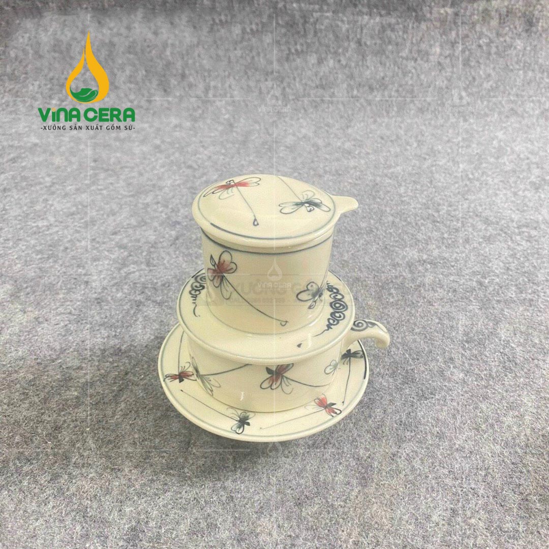 Bộ phin pha cà phê gốm Bát Tràng Hoa Văn
