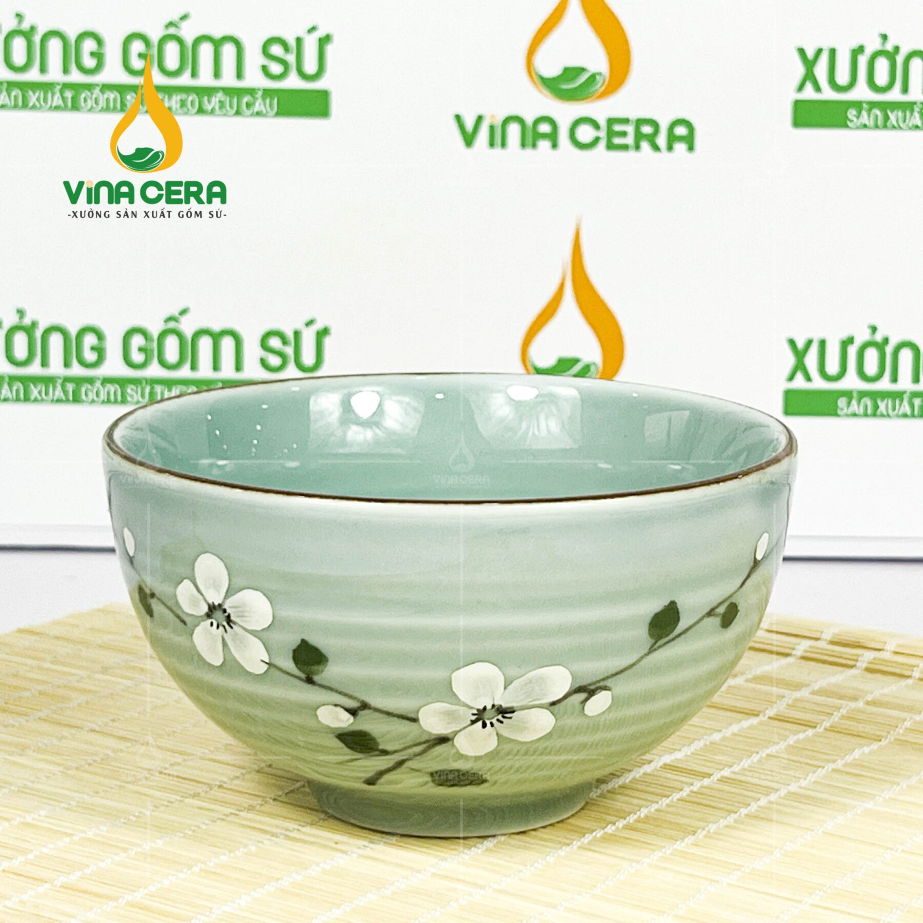 Chén Cơm Sứ Men Ngọc Vẽ Hoa Đào - SVN BC 10052401 Chén cơm sứ men ngọc vẽ hoa đào