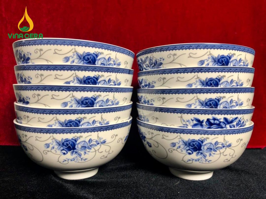 Chén Cơm Sứ Trắng Họa Tiết Hoa Xanh - SVN BC 13052401 Chén cơm sứ trắng họa tiết hoa xanh