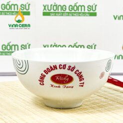 Chén cơm sứ trắng hoa xoắn ốc in logo