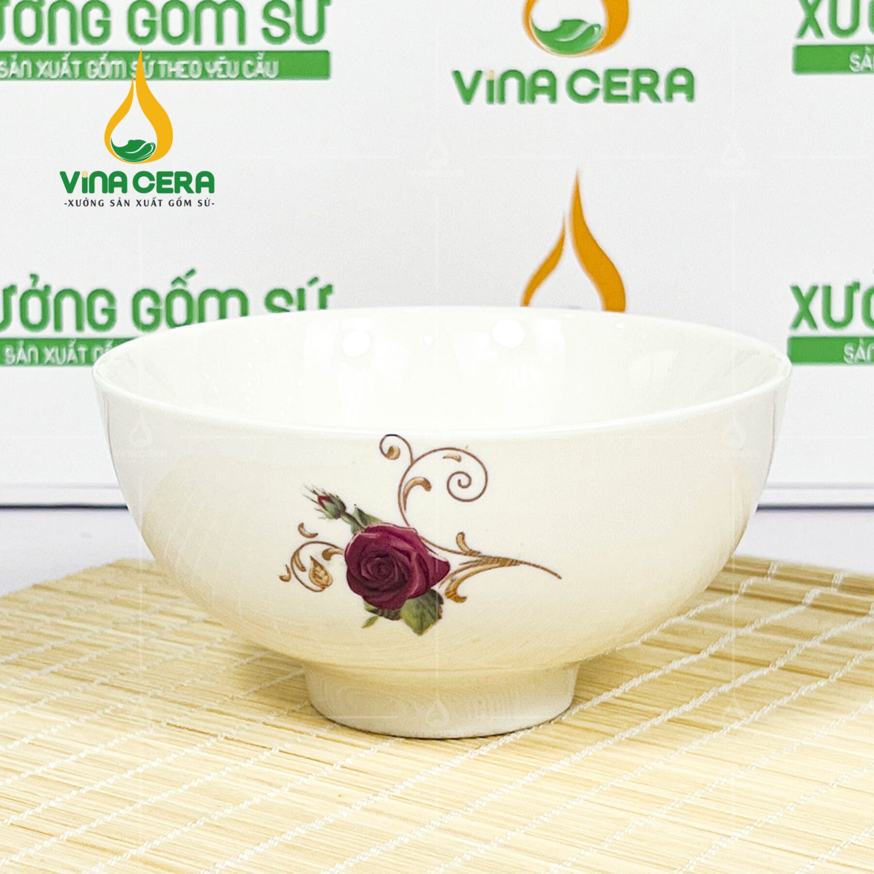Chén Cơm Sứ Trắng Vẽ Hoa Hồng - SVN BC 13052406 Chén cơm sứ trắng vẽ hoa hồng