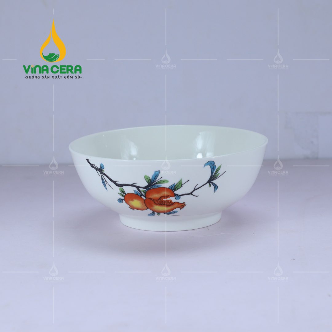 Chén cơm sứ trắng vẽ hoa lựu