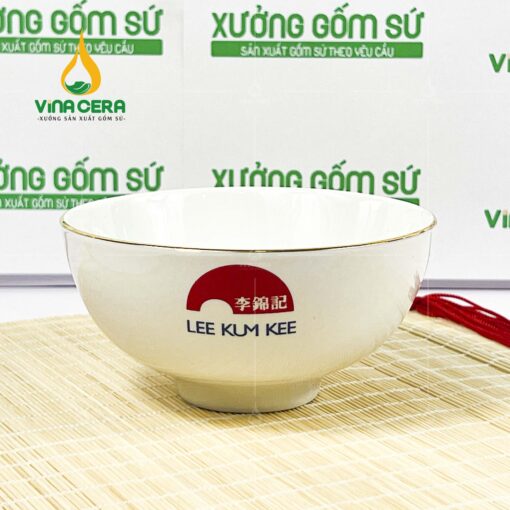 Chén cơm sứ tráng viền vàng kim in logo