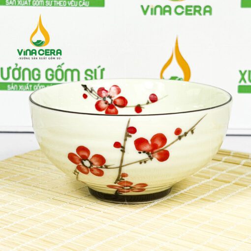 Chén cơm sứ trắng vẽ hoa đào đỏ