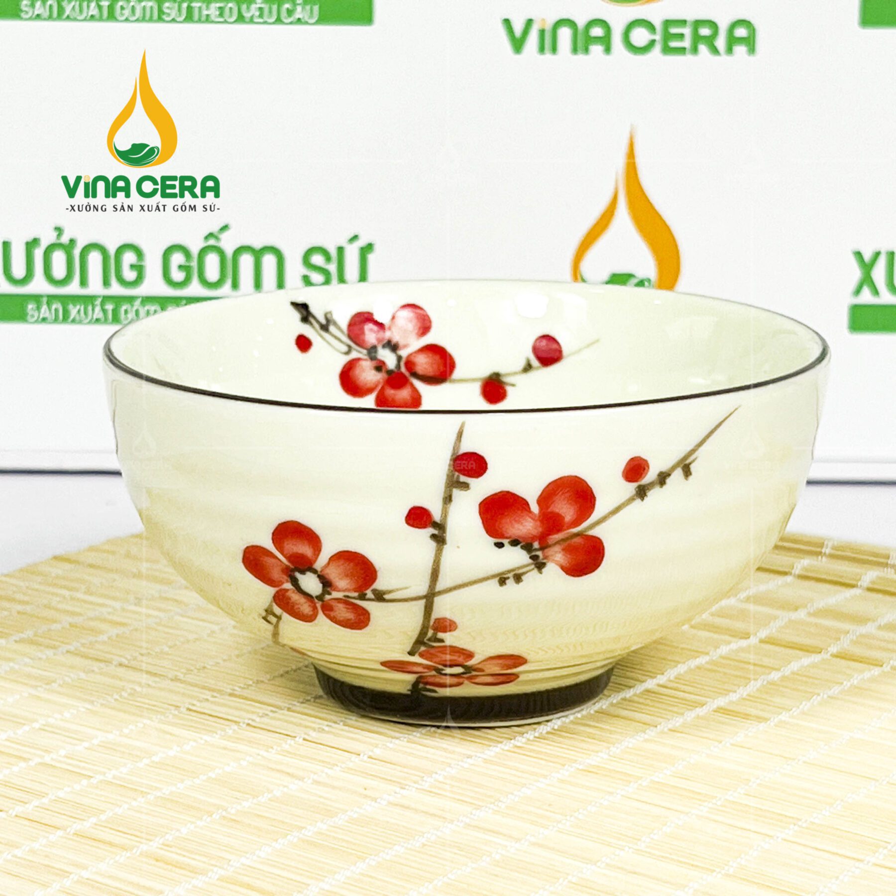 Chén Cơm Sứ Men Kem Vẽ Hoa Đào Đỏ- SVN BC 14052404 Chén cơm sứ trắng vẽ hoa đào đỏ