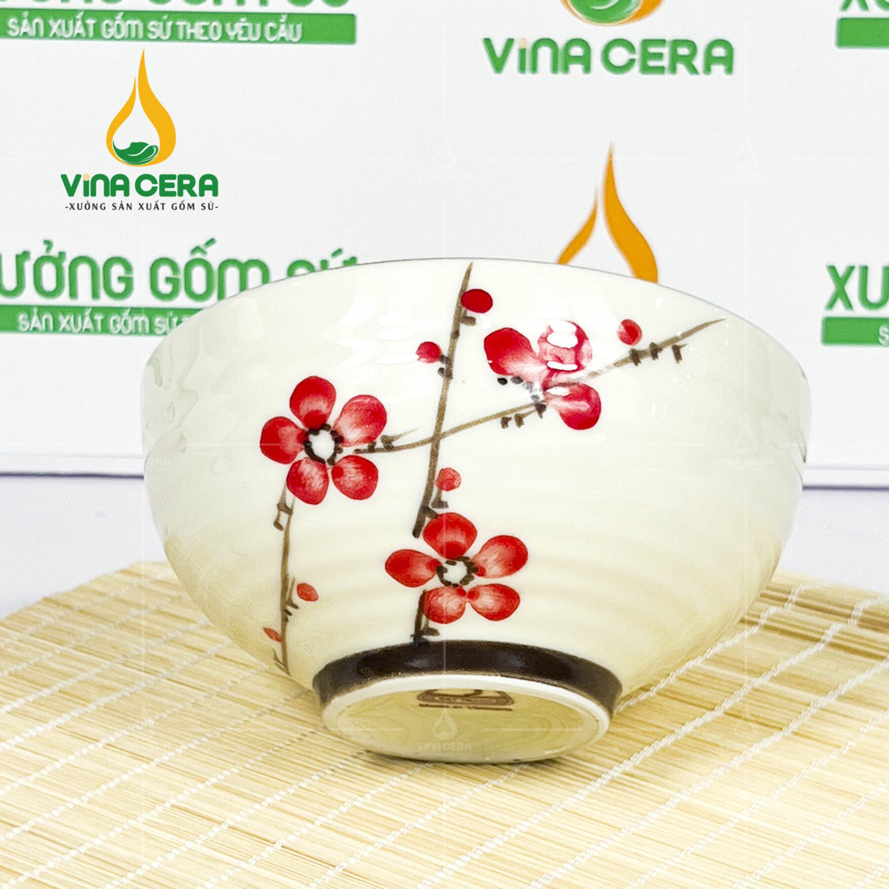 Chén Cơm Sứ Men Kem Vẽ Hoa Đào Đỏ- SVN BC 14052404 Chén cơm sứ trắng vẽ hoa đào đỏ