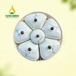 Khay Mứt Sứ Trắng Vẽ Đào Xanh In Logo Quà Tết