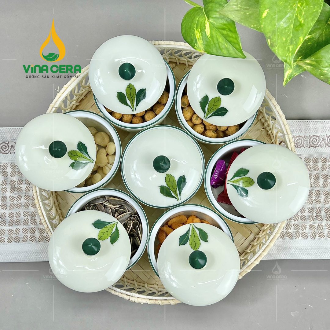 Khay Mứt Tết Sứ Trắng 5 Cánh Vẽ Hoa Đào