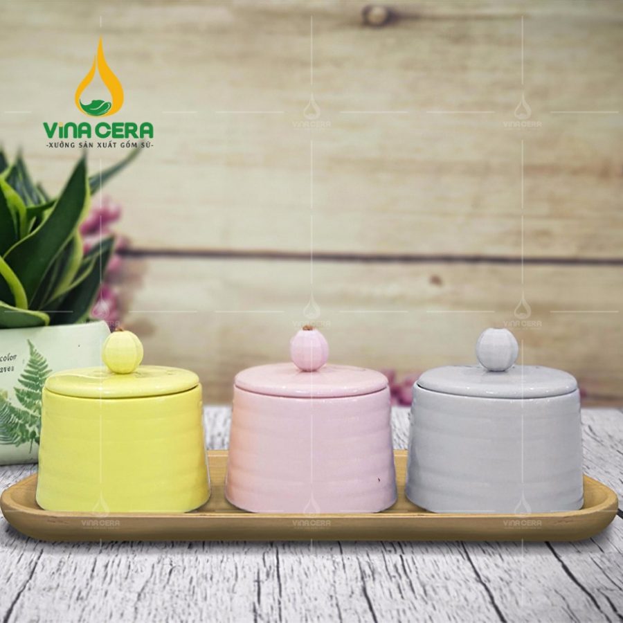 Khay Mứt Sứ Trắng Vẽ Sen - KMS-3752424 Bộ Khay Mứt Sứ 3 Hũ Trụ Tròn
