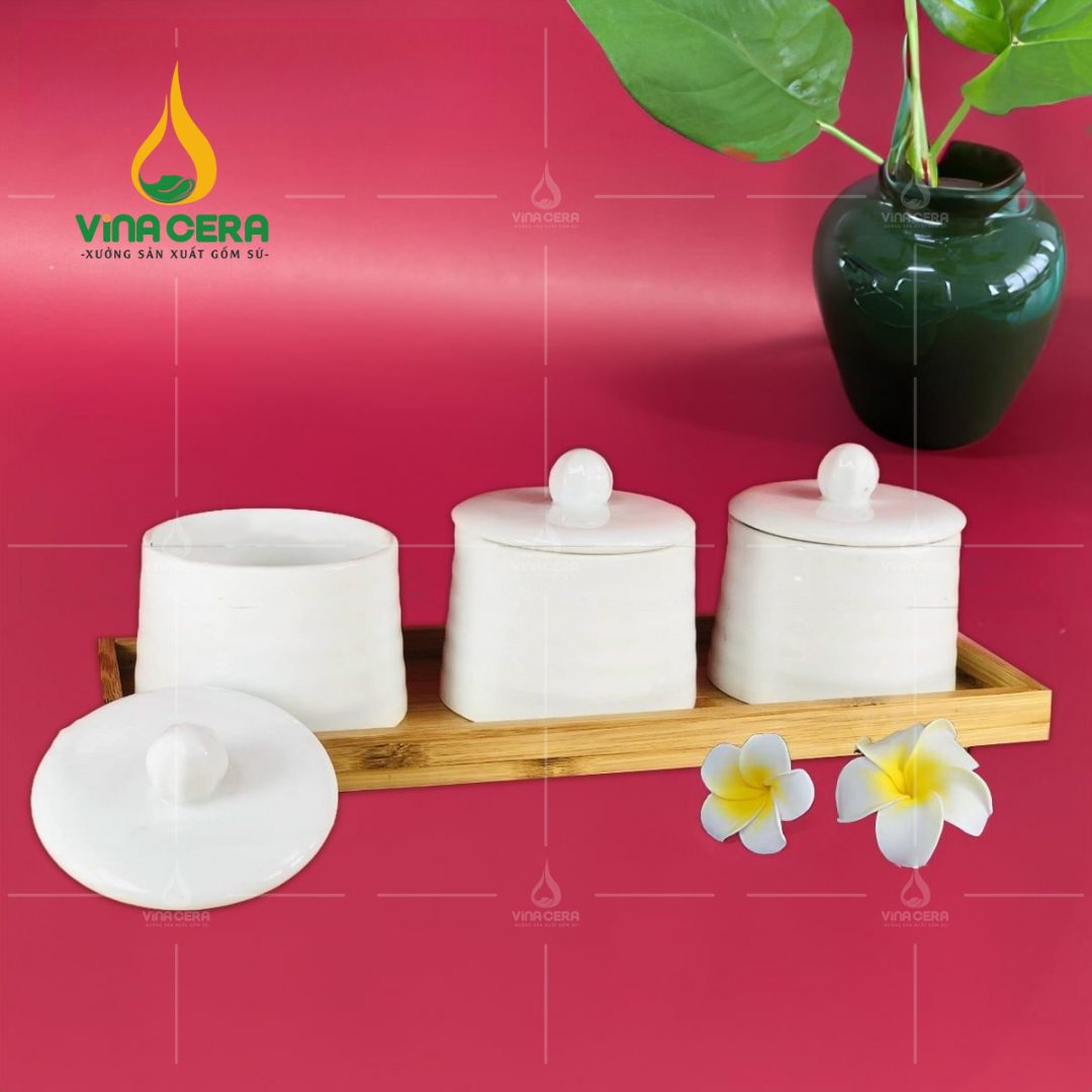 Bộ Khay Mứt Sứ 3 Hũ Trụ Tròn