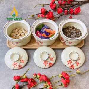 Khay đựng mứt tết bằng sứ mua ở đâu ? giá bán bao nhiêu tiền ? Bộ Khay Mứt Sứ 3 Hũ Trụ Tròn
