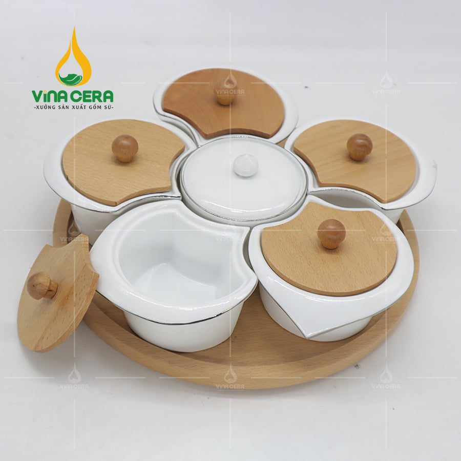 Khay Mứt Sứ 5 Cánh Hoa Mai Nắp Gỗ