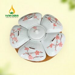 Khay mứt sứ trắng 5 cánh hoa vẽ đào