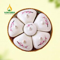 Khay mứt Tết sứ trắng 5 cánh vẽ đào