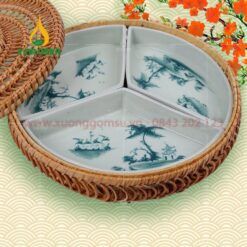 Khay mứt Tết sứ trắng vẽ cảnh quê