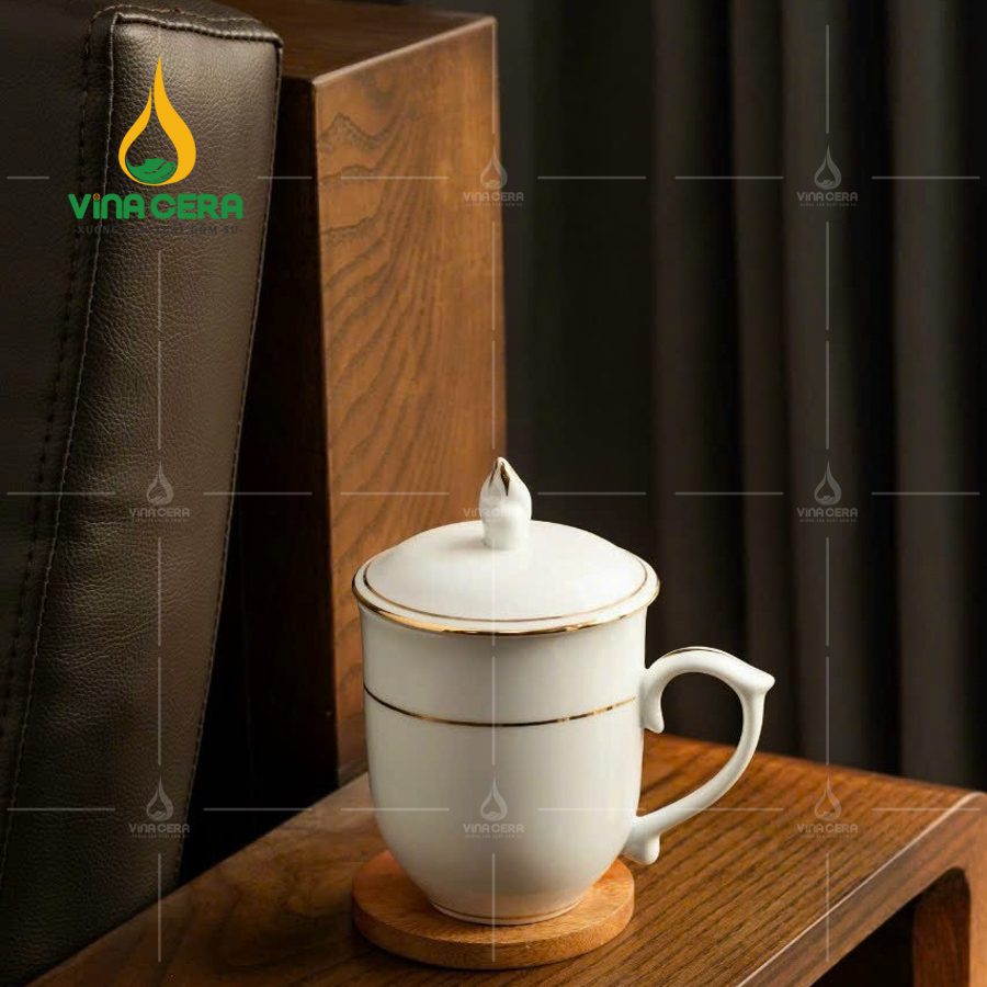 Ly Sứ Trắng In Logo Chóp Lửa Kẻ Vàng