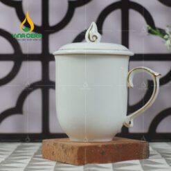 Ly Sứ Trắng Ngọn Lửa Kẻ Vàng In Logo - LS-0952324