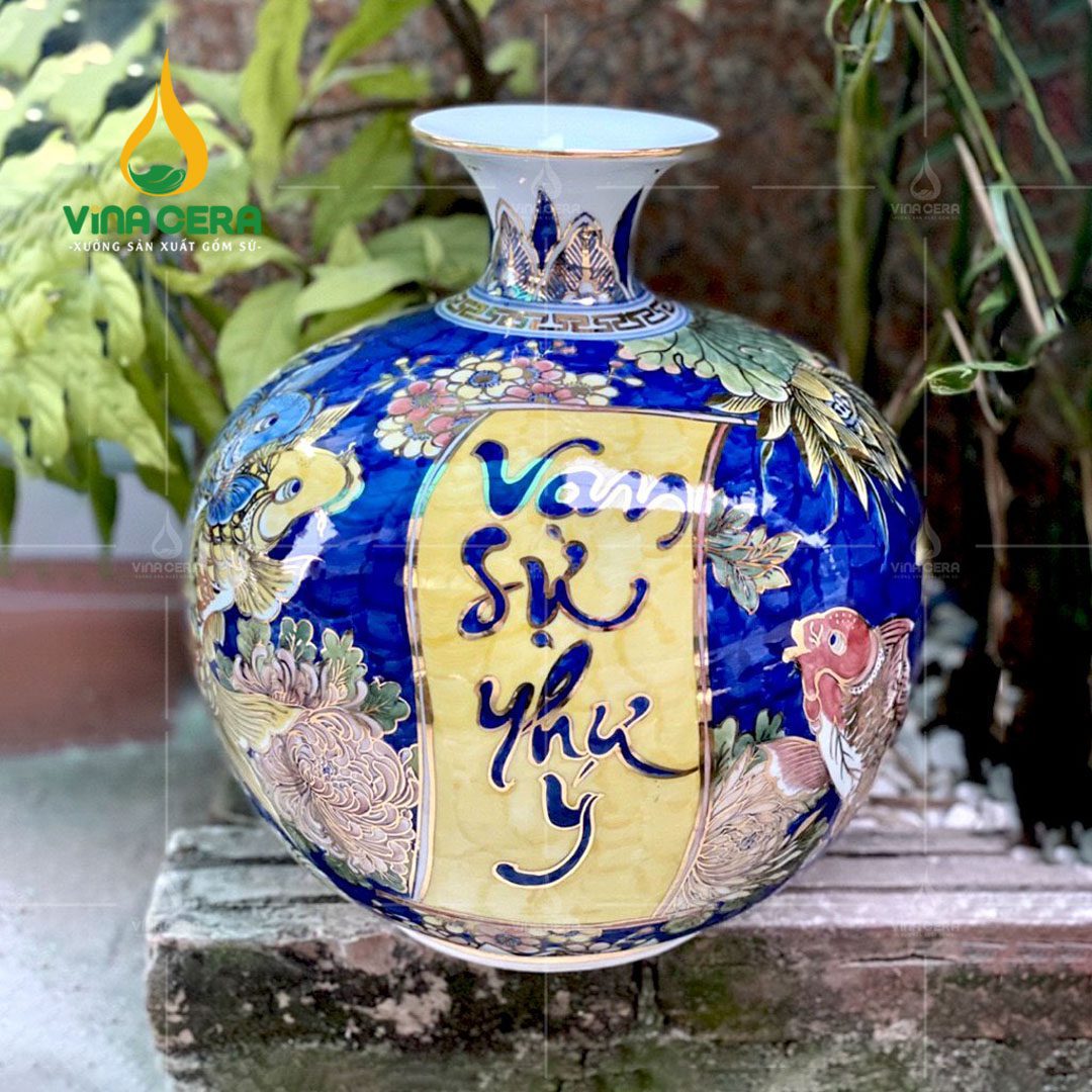 Xưởng Sản Xuất Bình Hút Tài Lộc Bát Tràng Theo Yêu Cầu - Giá Tốt Bình hút lộc Vạn Sự Như Ý viền vàng