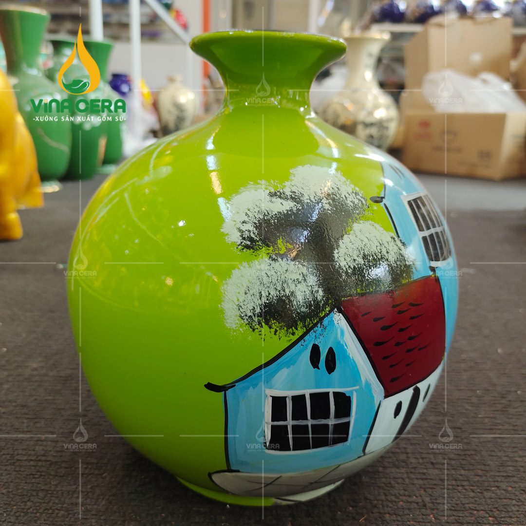 Xưởng Sản Xuất Bình Hút Tài Lộc Bát Tràng Theo Yêu Cầu - Giá Tốt Bình hút lộc vẽ Phố Cổ nền xanh