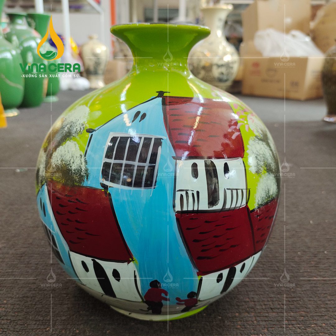 Xưởng Sản Xuất Bình Hút Tài Lộc Bát Tràng Theo Yêu Cầu - Giá Tốt Bình hút lộc vẽ Phố Cổ nền xanh