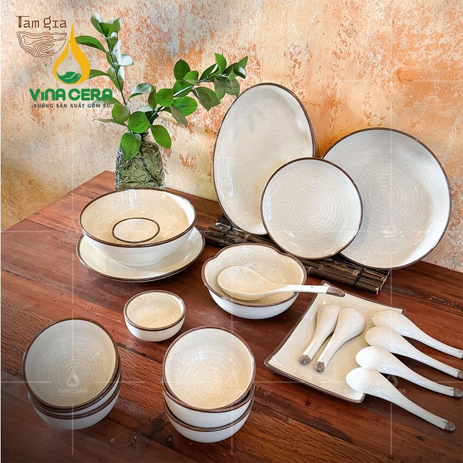 Bộ Bát Đĩa Bát Tràng men mát viền miệng