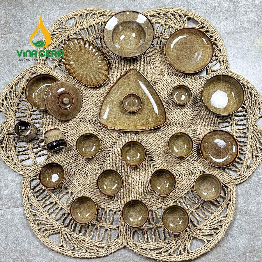 Bộ Bát Đĩa Bát Tràng Hỏa Biến Gấm Vàng