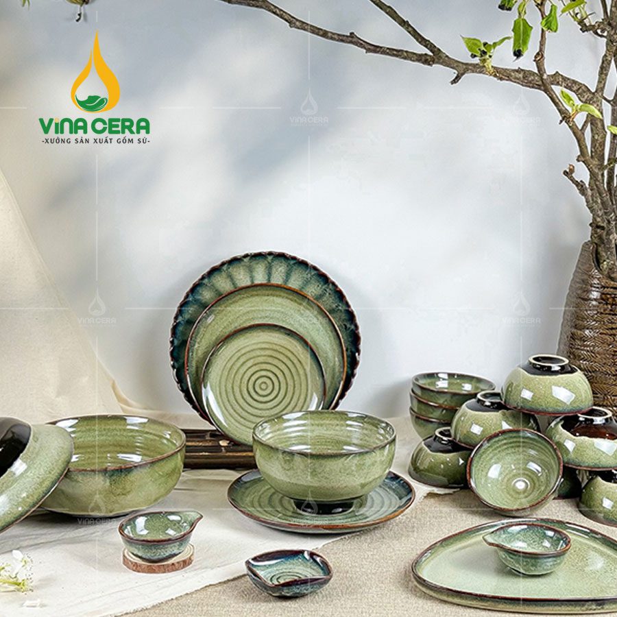 Bộ Bát Đĩa Bát Tràng men Hoa biến Men rêu