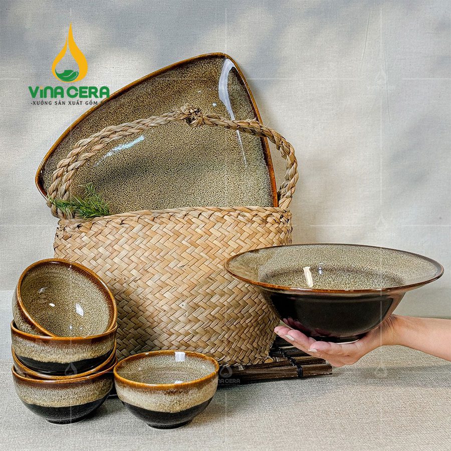 Bộ Bát Đĩa Bát Tràng Hỏa Biến Gấm Vàng