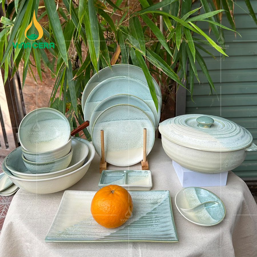 Bộ Bát Đĩa Bát Tràng men trắng xanh