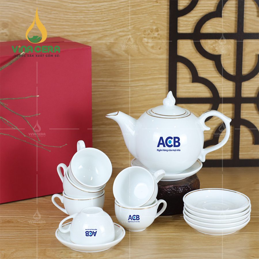 Xưởng sản xuất Gốm Sứ theo yêu cầu - Xưởng Vinacera Bộ trà ngọn lửa viền vàng in logo quà tặng