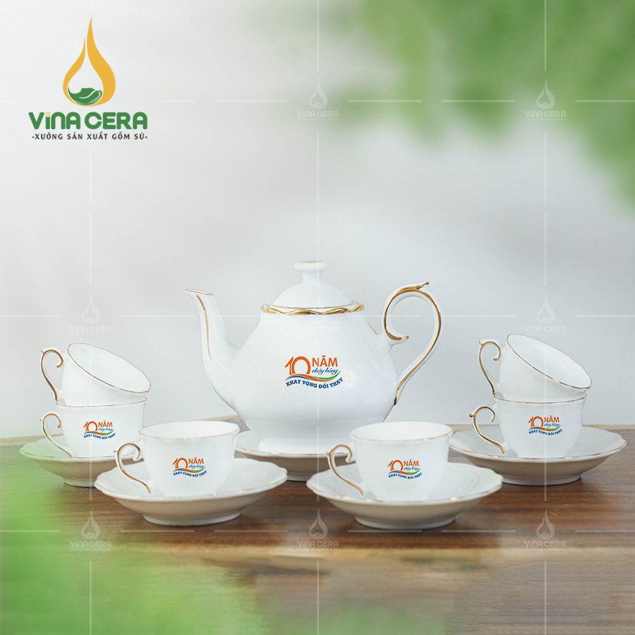 Bộ trà thiên kim viền vàng in logo