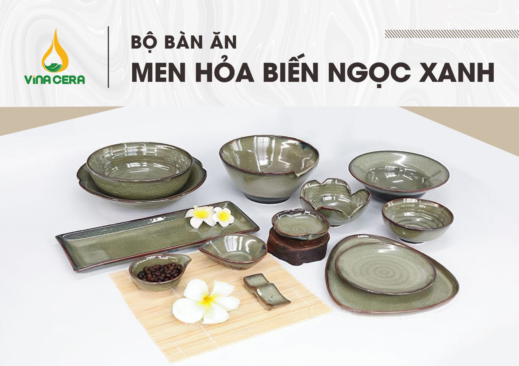 Bộ Bát Đĩa Bát Tràng Hỏa Biến Ngọc Xanh