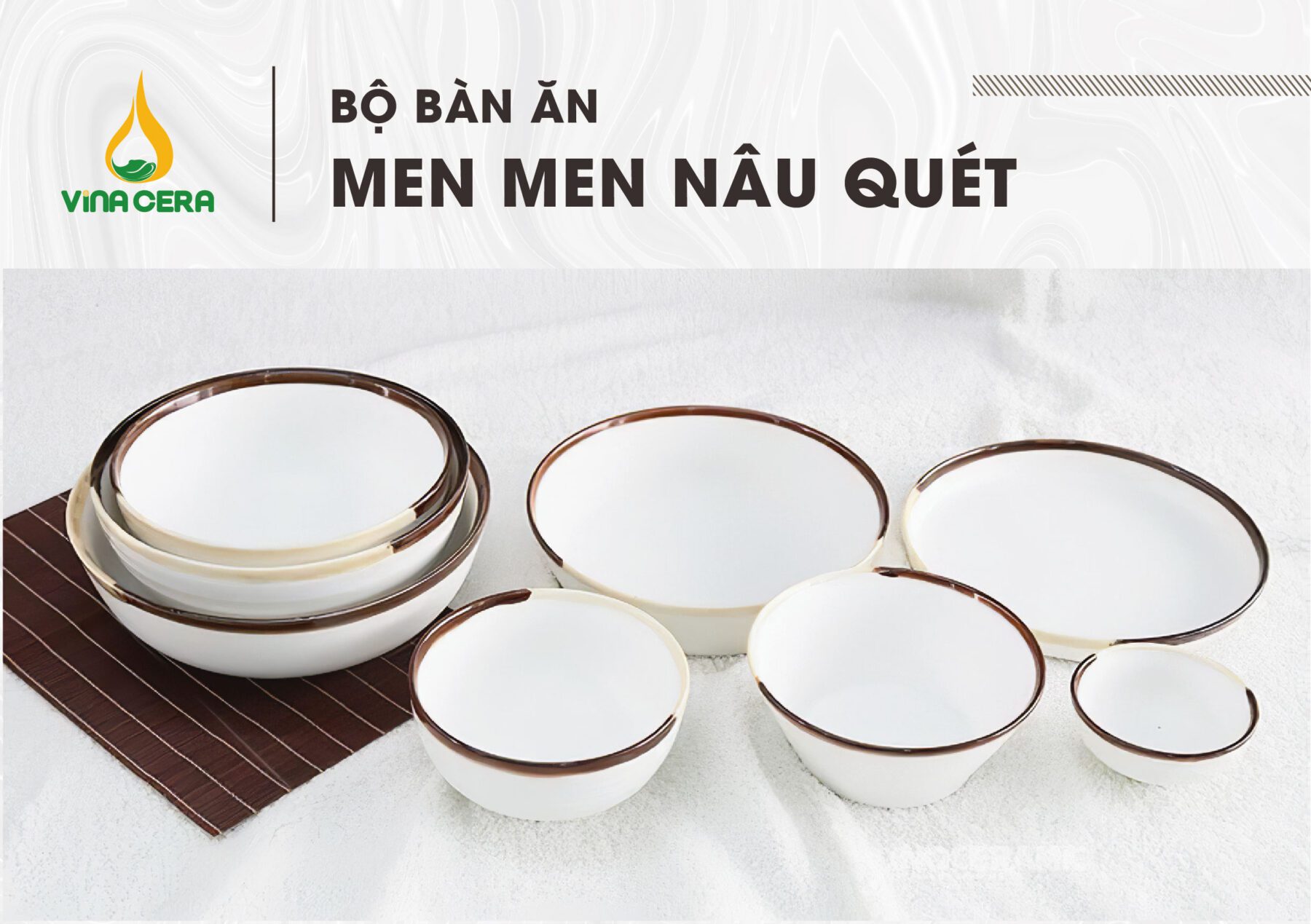 Bộ Bát Đĩa Bát Tràng men nâu quét